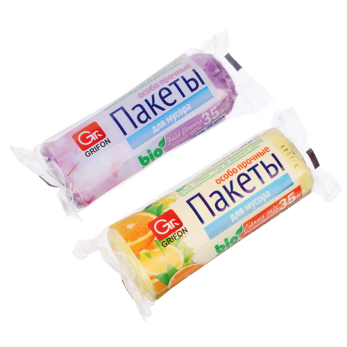 Мешки для мусора GRIFON БИО, 35 л., 20 шт., прочные, 2 аромата (цитрус, цветы), рулон втулка