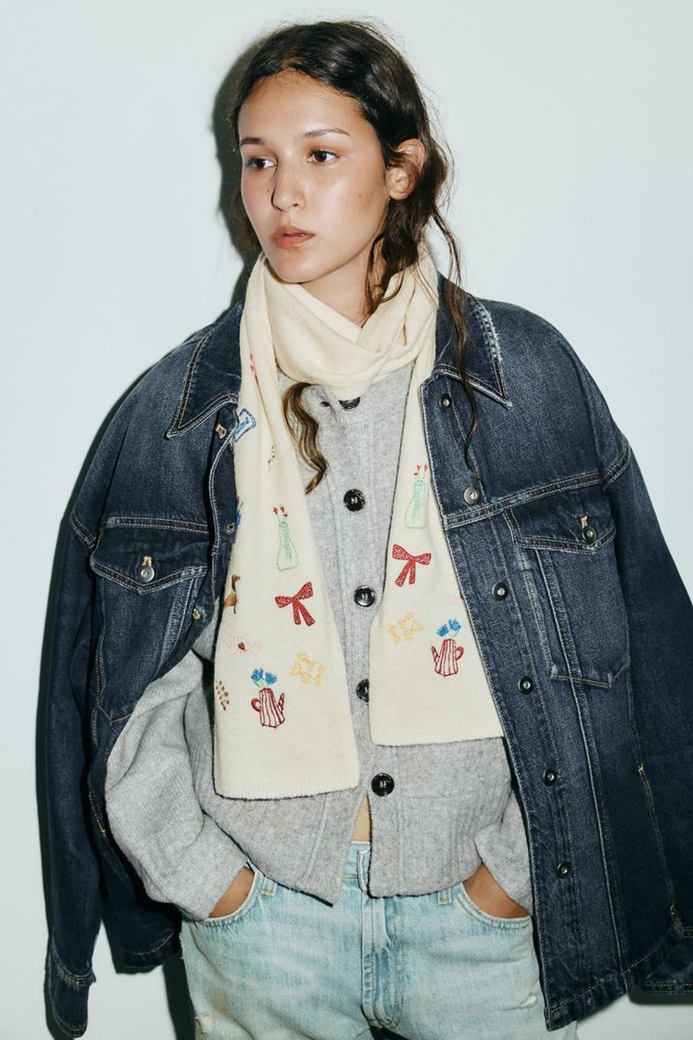 ZARA ШАРФ С ВЫШИВКОЙ, ЭКРЮ