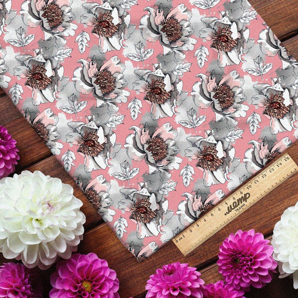 Ткань муслин раскрывшиеся сероватые цветы