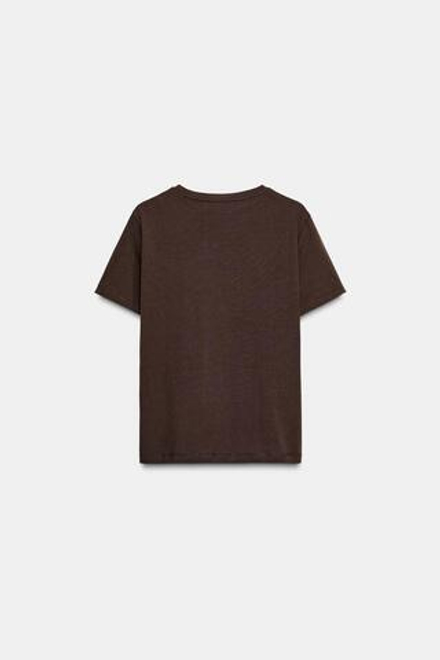 ZARA ФУТБОЛКА С МЕТАЛЛИЗИРОВАННЫМ ПРИНТОМ И КОРОТКИМИ РУКАВАМИ, ШОКОЛАДНЫЙ