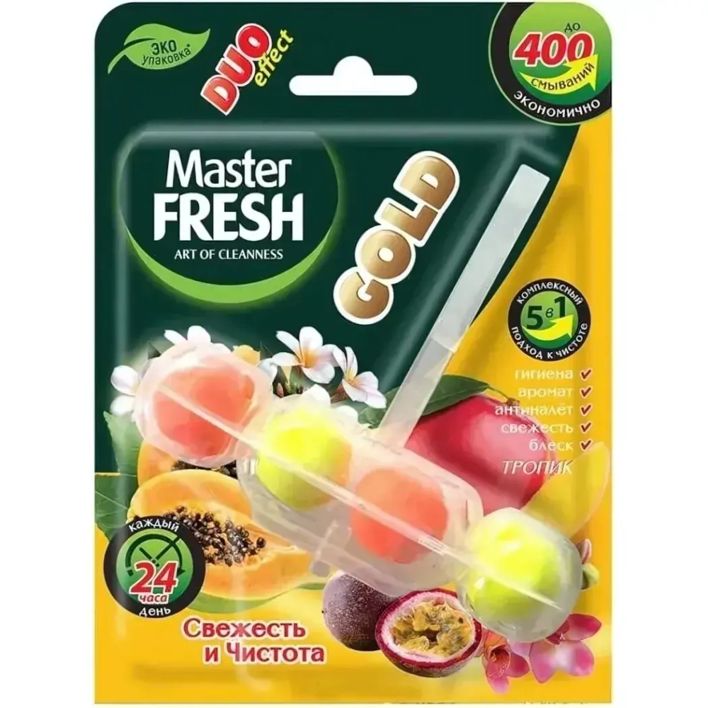 Блок для унитаза Master FRESH подвесной DUO EFFECT 400 смываний 5в1 формула GOLD ТРОПИК, 1