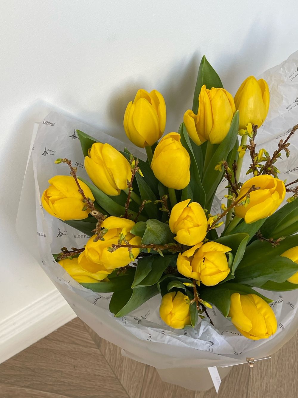 Букет из 15 желтых тюльпанов и форзиции