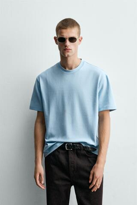 ZARA ФУТБОЛКА RELAXED FIT INTERLOCK, ГОЛУБОЙ