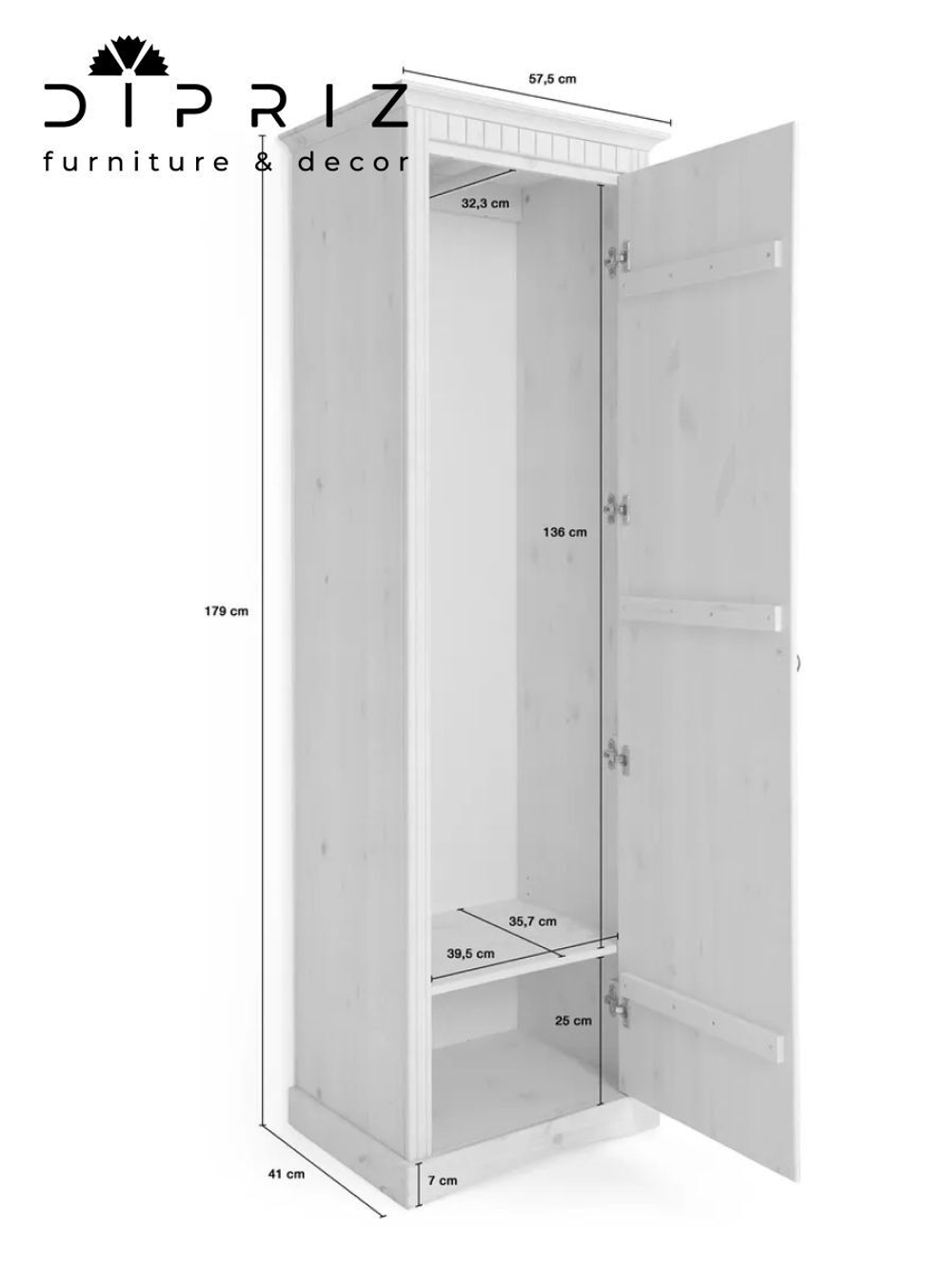 Шкаф распашной Неаполь из массива сосны, 58х41х179 см, белый