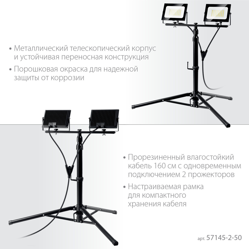 ЗУБР ПСК 50х2, 2 х 50 Вт, 6500 К, IP 65, 1.6 м, светодиодные прожекторы на штативе, Профессионал (57145-2-50)
