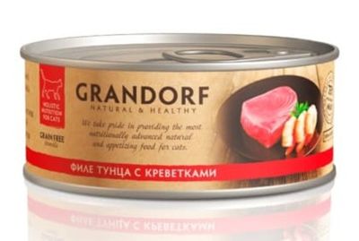 Влажный корм для кошек GRANDORF из филе тунца с креветками, банка 70г