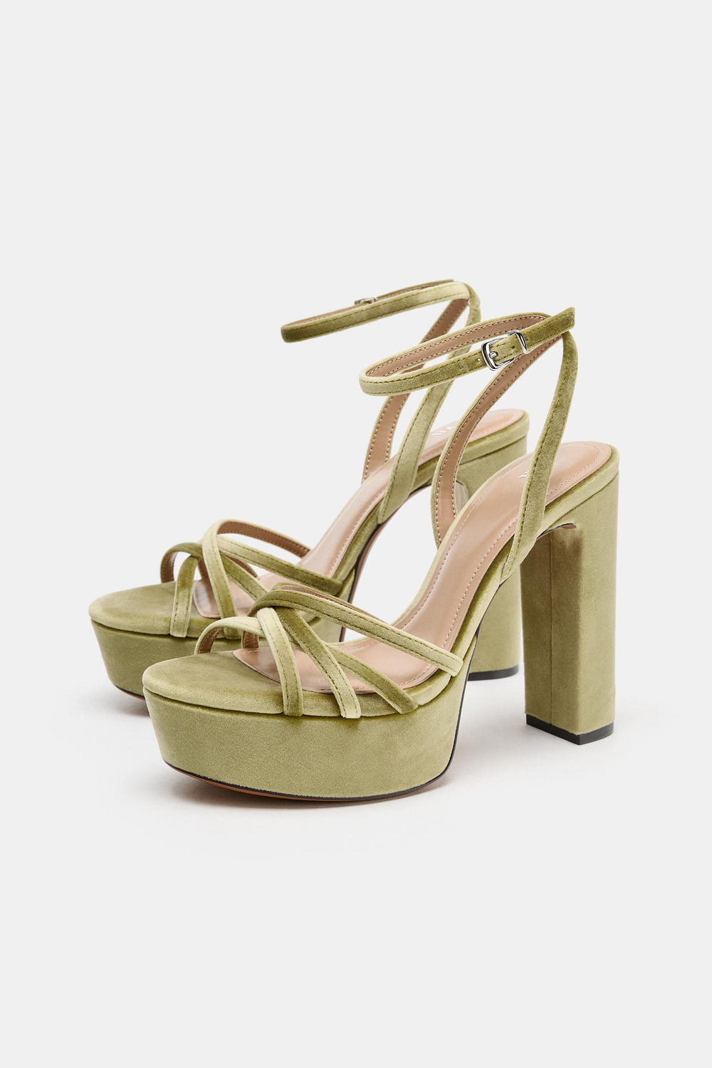 ZARA БАРХАТНЫЕ БОСОНОЖКИ НА ПЛАТФОРМЕ, ЗЕЛЕНЫЙ