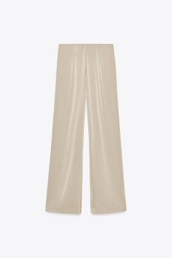 ZARA АТЛАСНЫЕ БРЮКИ С ВЫСОКОЙ ПОСАДКОЙ, БЕЖЕВЫЙ/ЗЕЛЕНЫЙ