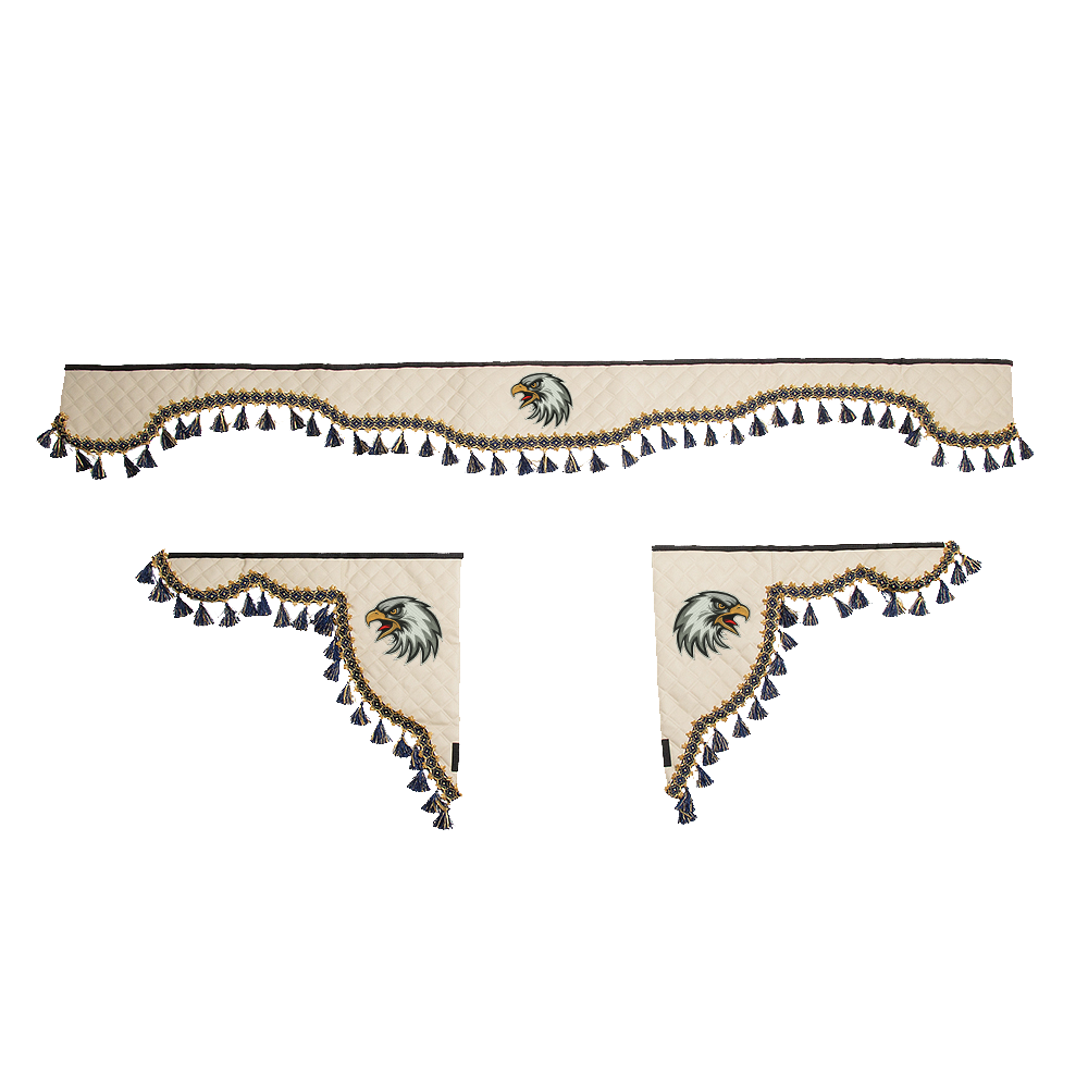 Ламбрекен с косынками универсальные стеганые Орел (экокожа, бежевый, синие кисточки)