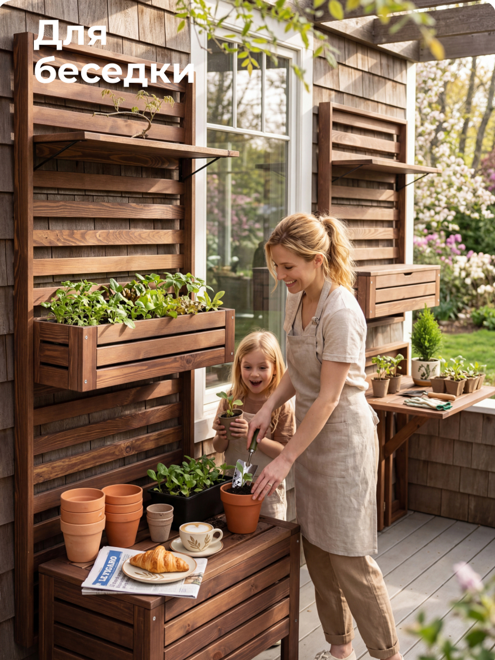 Панель для стен деревянная Эпларо 89х76 см, органайзер хранения из массива сосны для сада, балкона и прихожей, венге