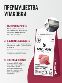 Сухой корм Bowl Wow для стерилизованных кошек, с индейкой, курицей и свеклой - 0,4 кг