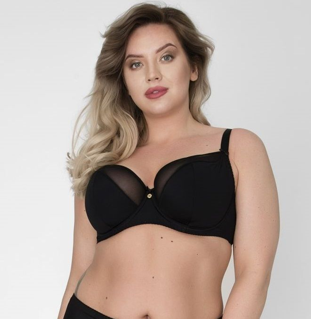 Бюстгальтер на косточках с гладкой чашкой +size из микрофибры и сетки (Размер: 80I) (Цвет: черный)