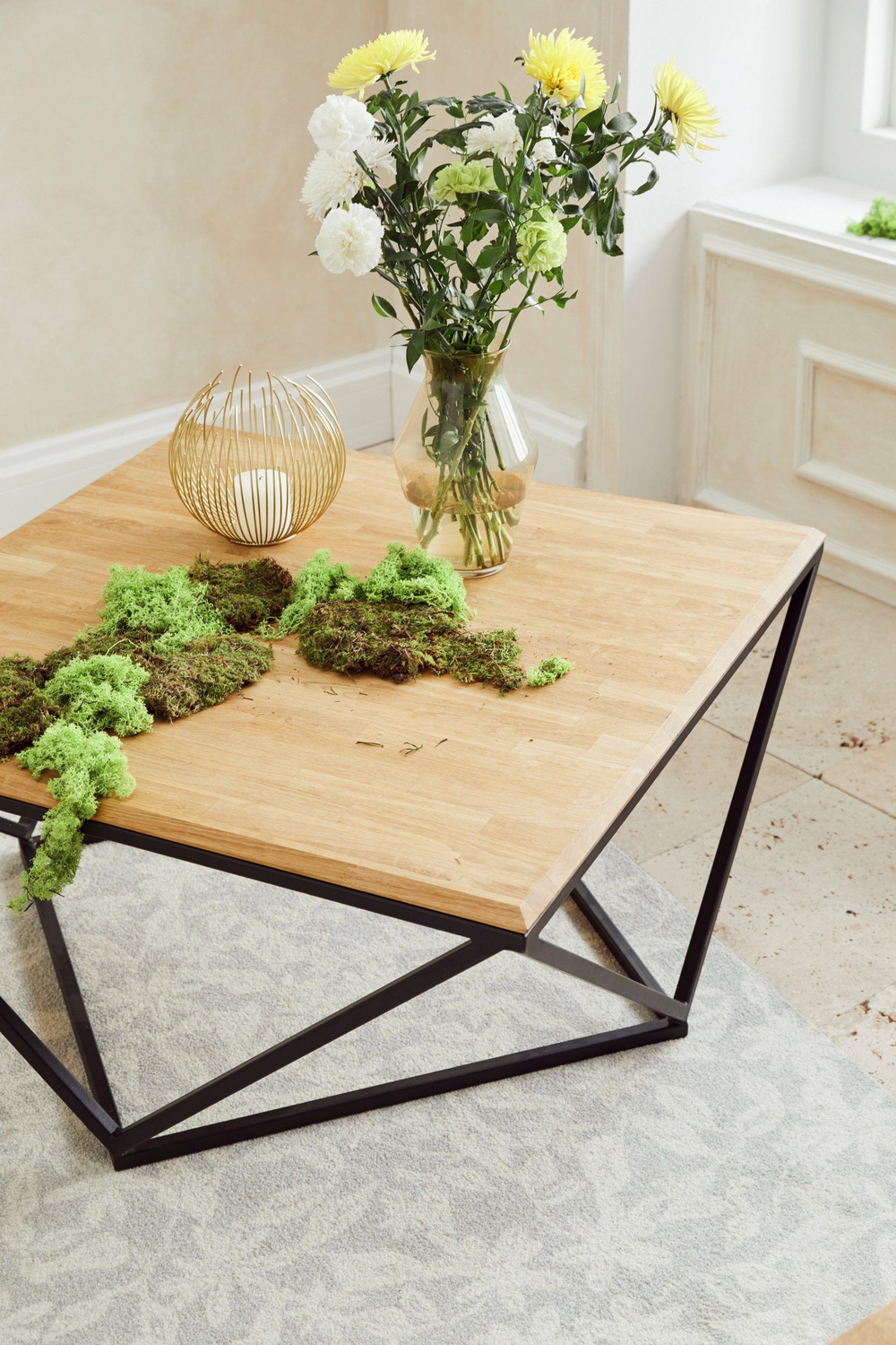 Стол журнальный 100х100х45, Детлиф, с металлическим подстольем, в стиле лофт, массив дуба, Dipriz