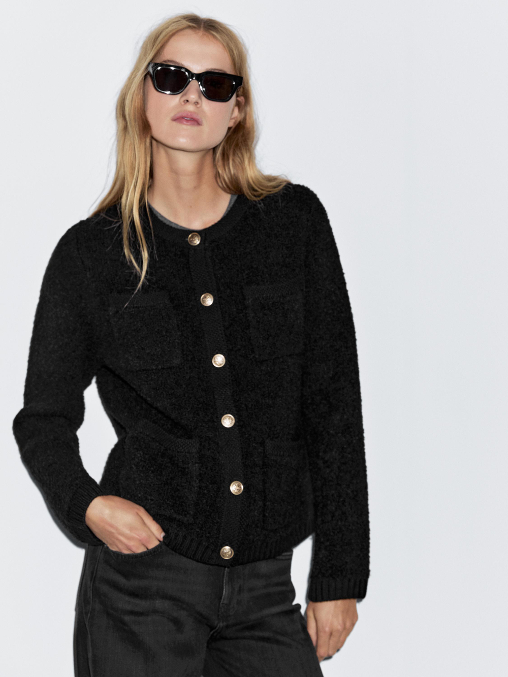 Massimo Dutti Кардиган из смесовой шерсти с золотыми пуговицами, черный