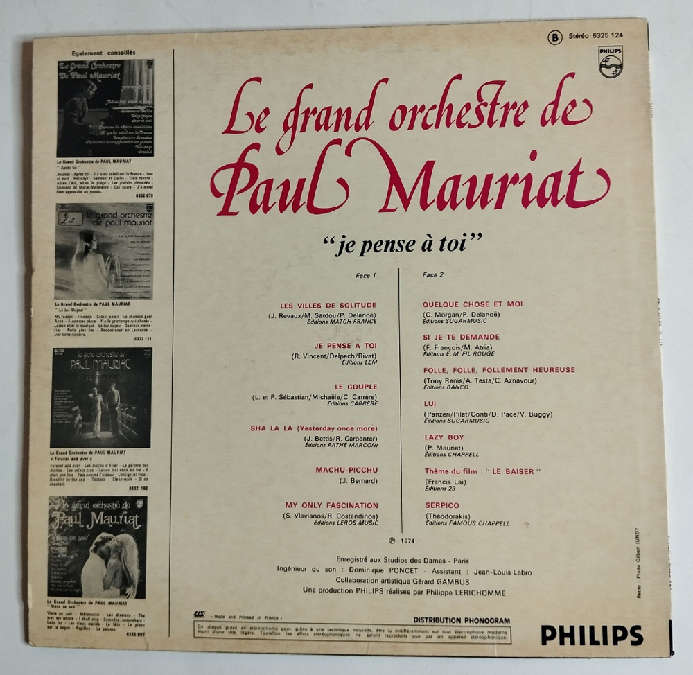 Винтажная виниловая пластинка LP Le Grand Orchestre De Paul Mauriat Je Pense A Toi (France 1974)