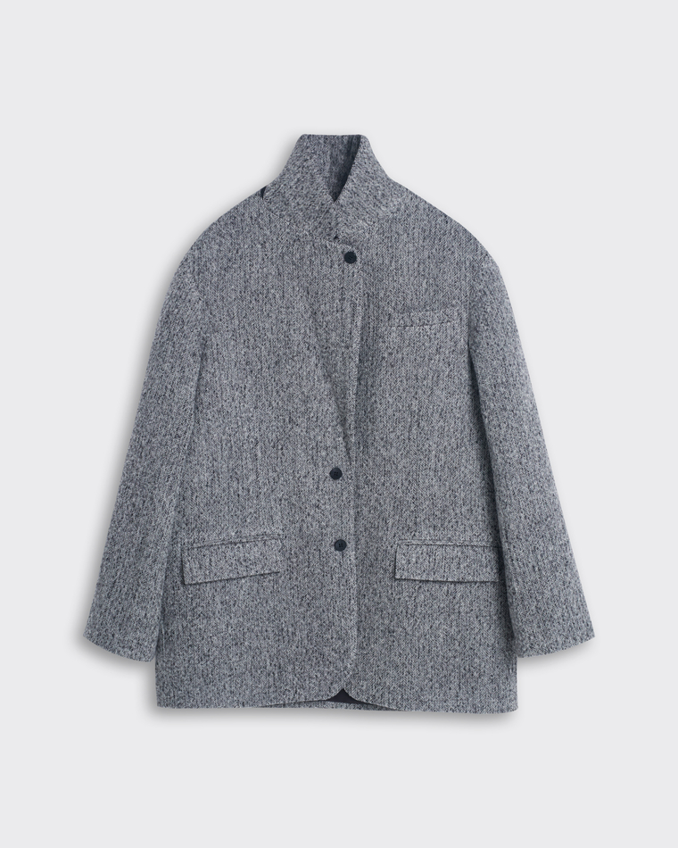 Пальто-жакет из шерсти елочка серый