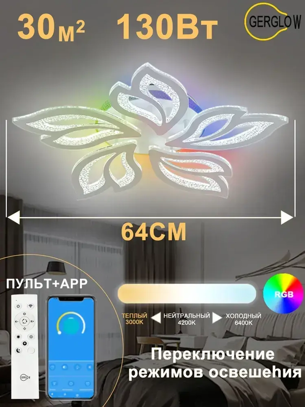 GERGLOW Люстра потолочная светодиодная с пультом,130 Вт