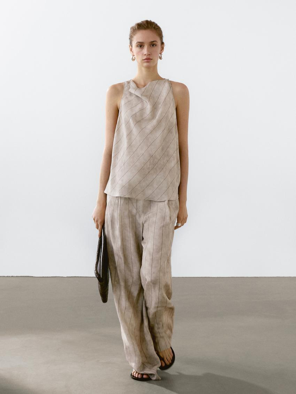 Massimo Dutti Топ из струящейся ткани в полоску с горловиной халтер, дымчатый