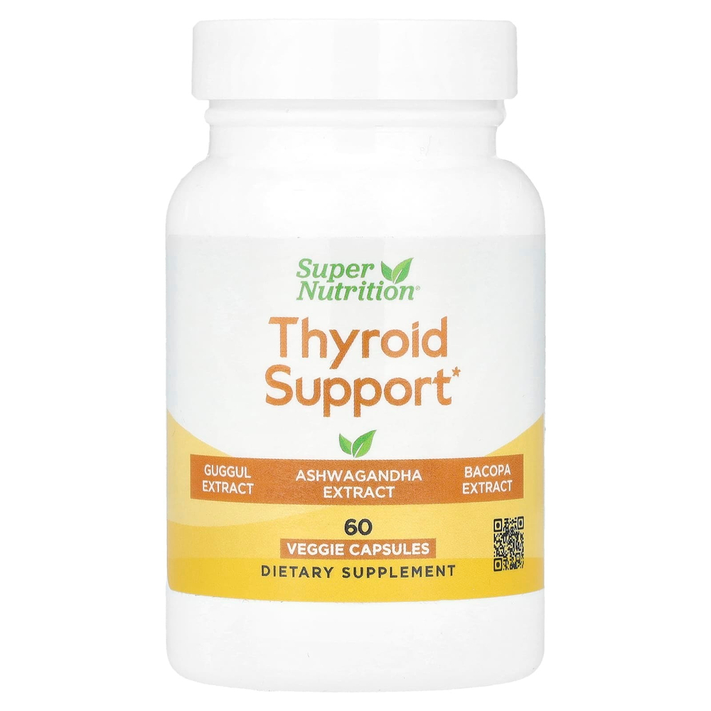 Super Nutrition, добавка для поддержки щитовидной железы с экстрактами гуггула, ашваганды, бакопы и зелёного чая, 60 растительных капсул