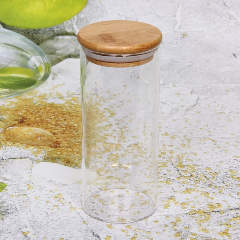 Банка для продуктов стеклянная 400мл «Хай-Тек» с бамбуковой крышкой 6,5*15см
