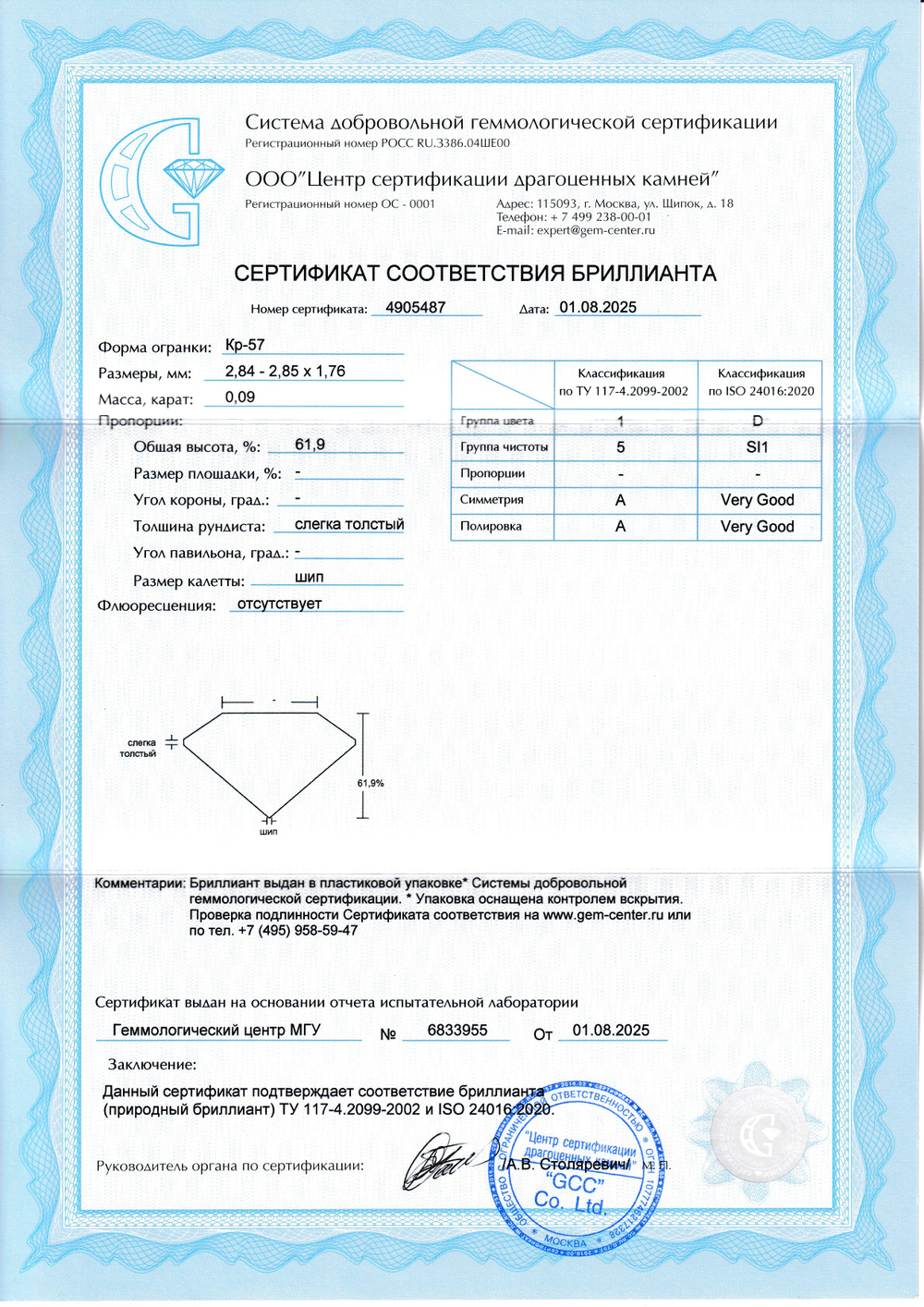 Бриллиант Кр-57 2.84 х 2.85 х 1.76 мм 1/5 0.09 ct