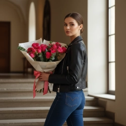 Букет из классических и кустовых роз с эвкалиптом в упаковке.