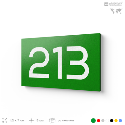 Номер на дверь 213, табличка на дверь для офиса, квартиры, кабинета, аудитории, склада, зеленая 120х70 мм, Айдентика Технолоджи