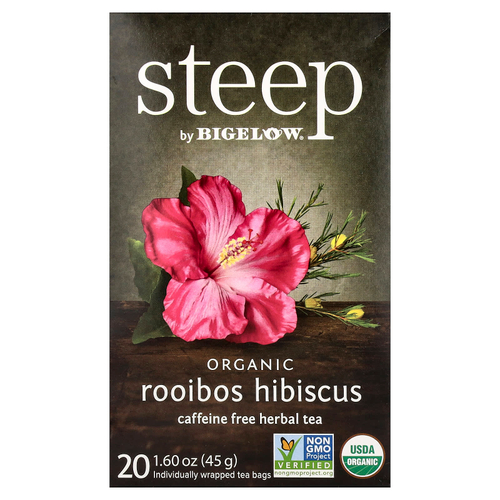 Bigelow, Steep, органический травяной чай, ройбуш и гибискус, без кофеина, 20 чайных пакетиков, 45 г (1,6 унции)