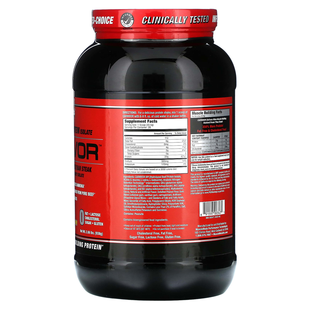 MuscleMeds, Carnivor, изолят говяжьего белка, полученный с помощью биоинженерии, со вкусом шоколада и арахисового масла, 938 г (2,06 фунта)
