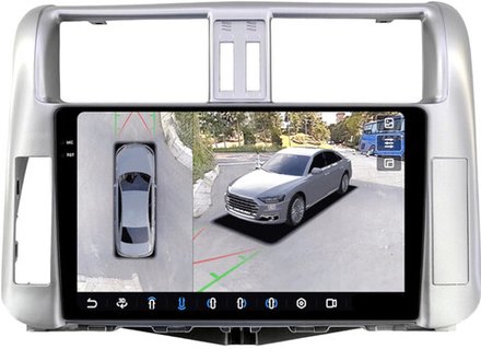 Магнитола для Toyota Land Cruiser Prado 150 2009-2013 (рамка серебро) - FarCar BX065M-360 монитор 9.5" 2K QLED на Android 13, 6Гб+128Гб, CarPlay, 4G SIM-слот, 4 камеры в комплекте