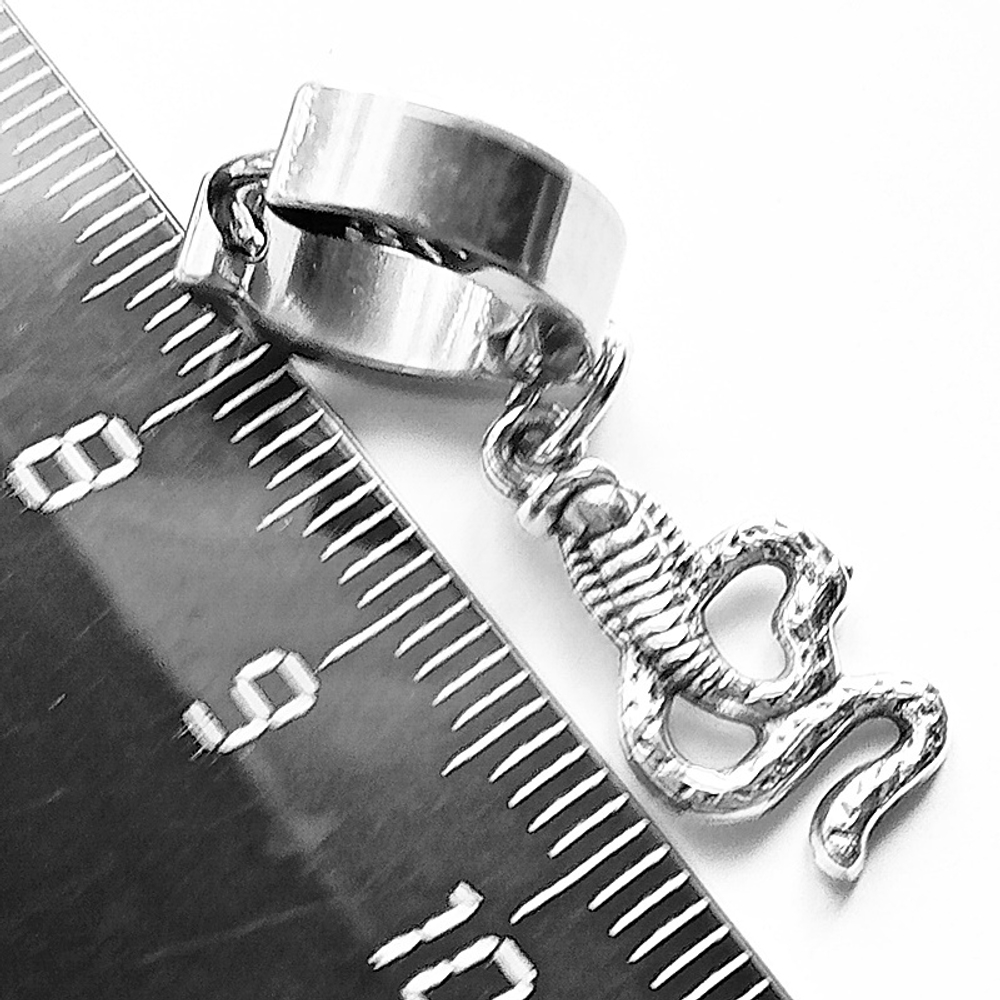 Серьга кольцо (цена за 1 шт.) с подвеской "Гадюка серебристая" для пирсинга уха. Медицинская сталь.
