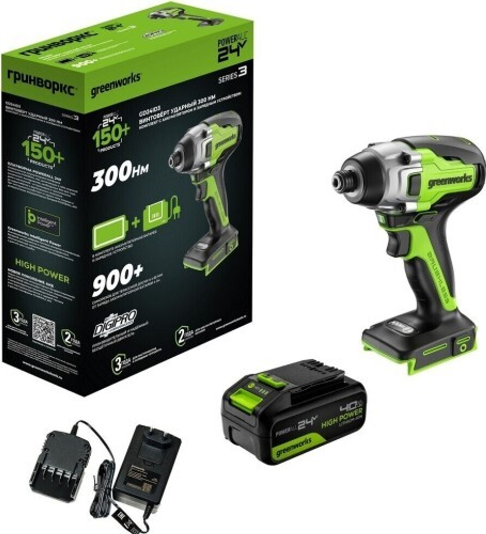 Гайковерт аккумуляторный GREENWORKS GD24ID3 24V, АКБ 4Ач и ЗУ 3802807CUB