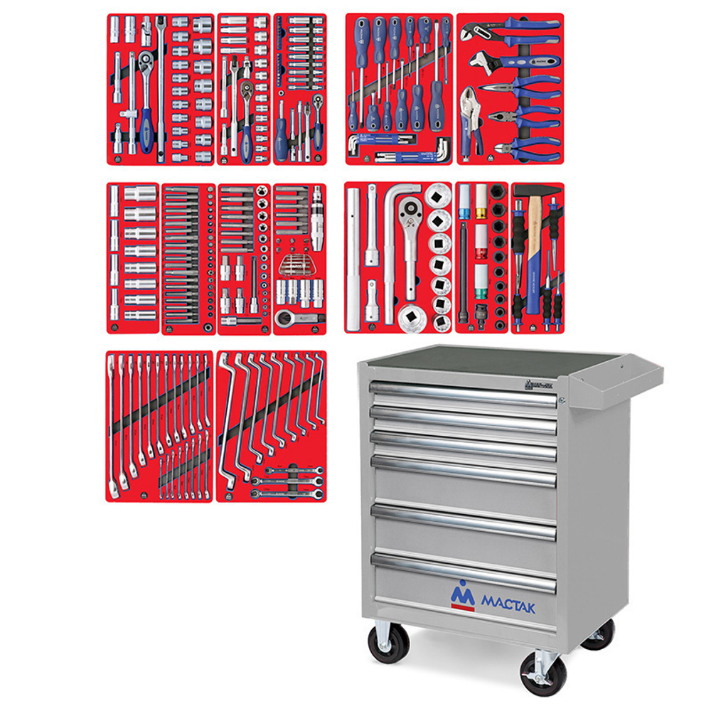 МАСТАК (52-06299G) Набор инструментов "ПРОФИ" в серой тележке, 299 предметов