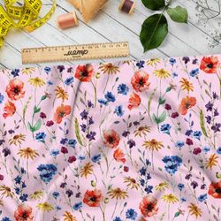 Ткань блэкаут маки, васильки, ромашки и колокольчики