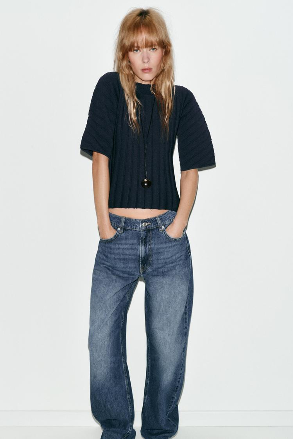 ZARA ТОП В РУБЧИК С ОБЪЕМНЫМИ РУКАВАМИ, МОРСКОЙ СИНИЙ