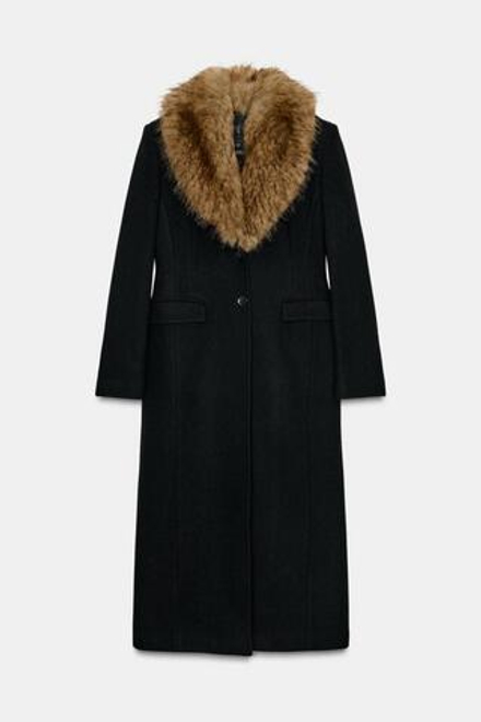 ZARA ПАЛЬТО С ВОРОТНИКОМ ИЗ ИСКУССТВЕННОГО МЕХА, ЧЕРНЫЙ
