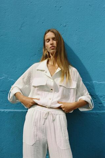 ZARA БРЮКИ СО СБОРКАМИ НА МАНЖЕТАХ, БЕЛЫЙ