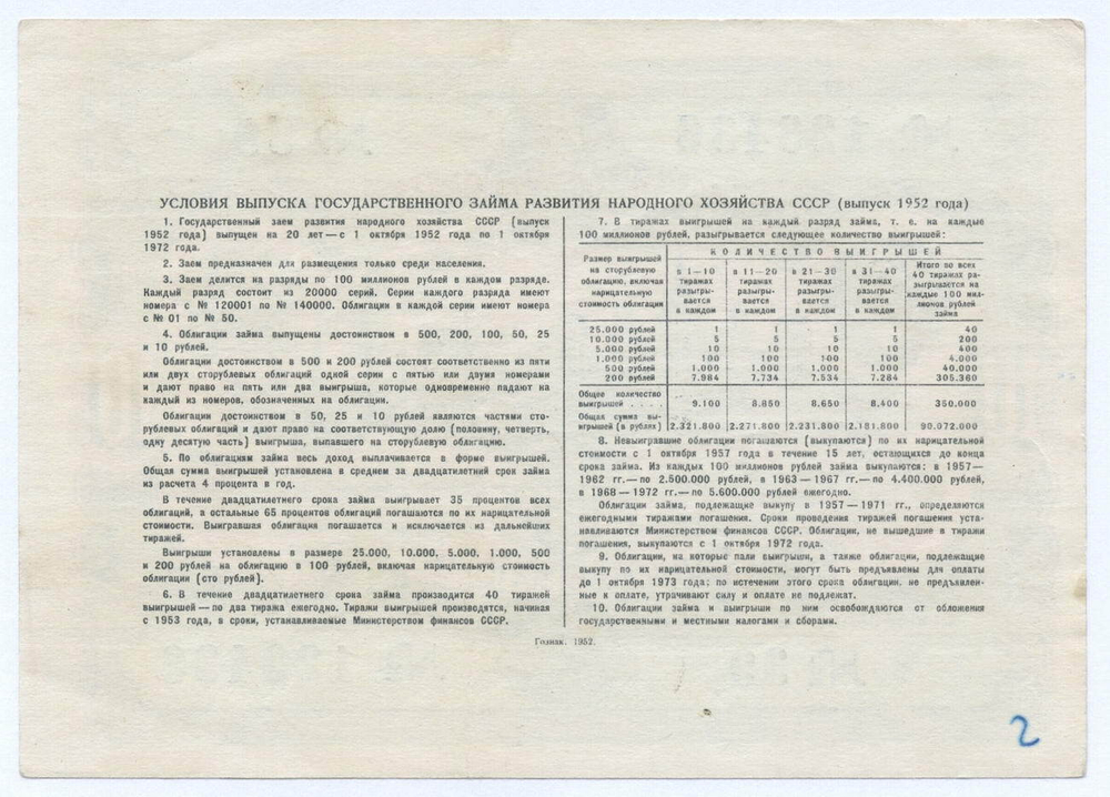 Облигация 10 рублей 1952 год. Серия № 123436. VG (надпись)