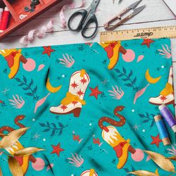 Ткань оксфорд 600 сапоги ковбоя и змеи на бирюзовом фоне