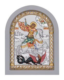 Георгий Победоносец, икона арочная, белое дерево, эмаль 175х225