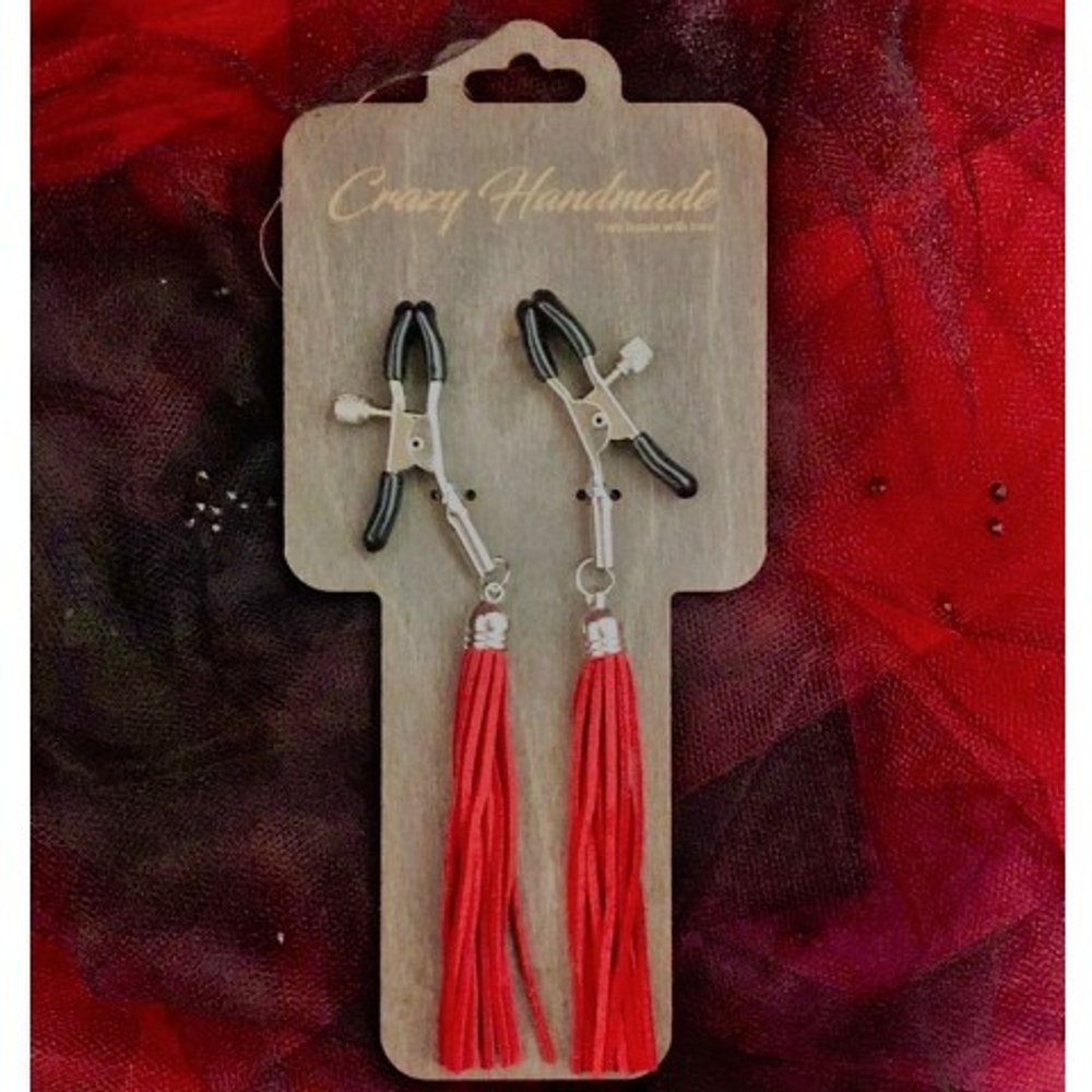 Зажимы на соски «прищепки» с кисточками из замши красные