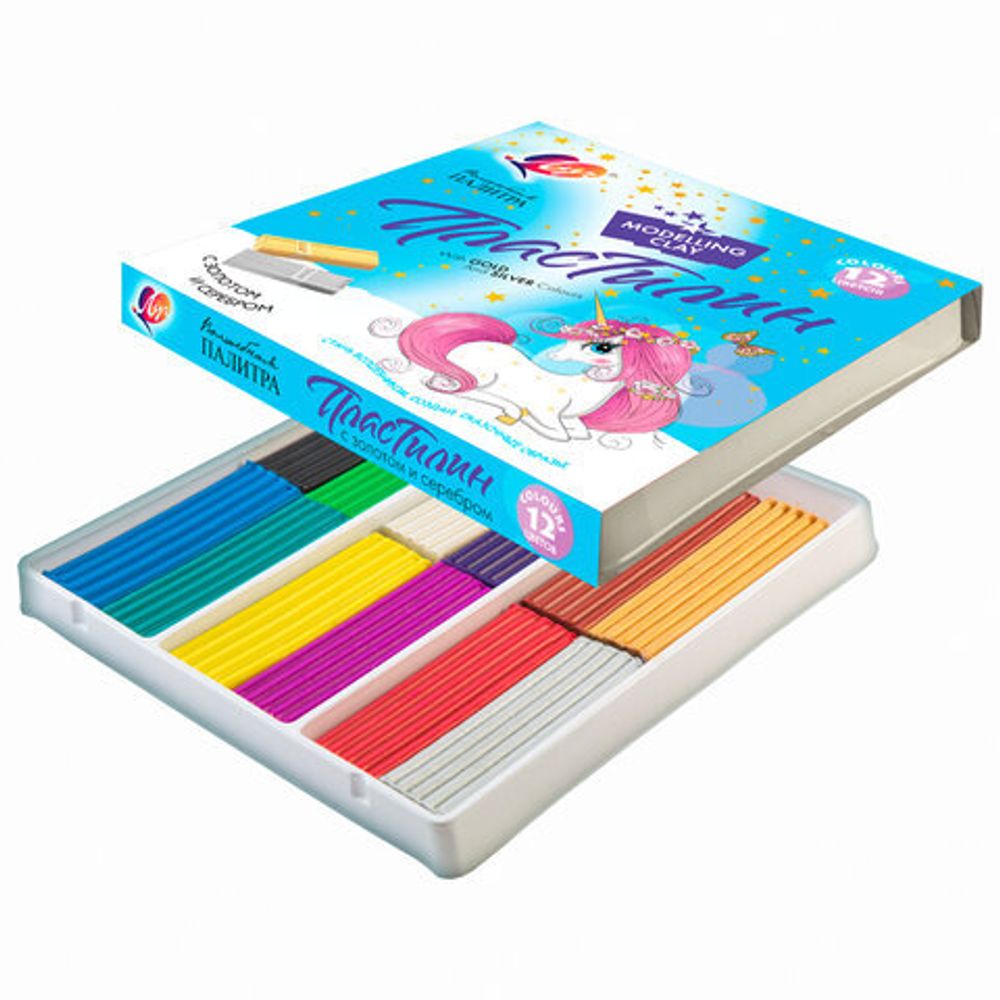 Пластилин классический ЛУЧ "Волшебная палитра", 12 цветов, 10 классических + 1 золотой + 1 серебряный, 230 г, 30С 1942-08