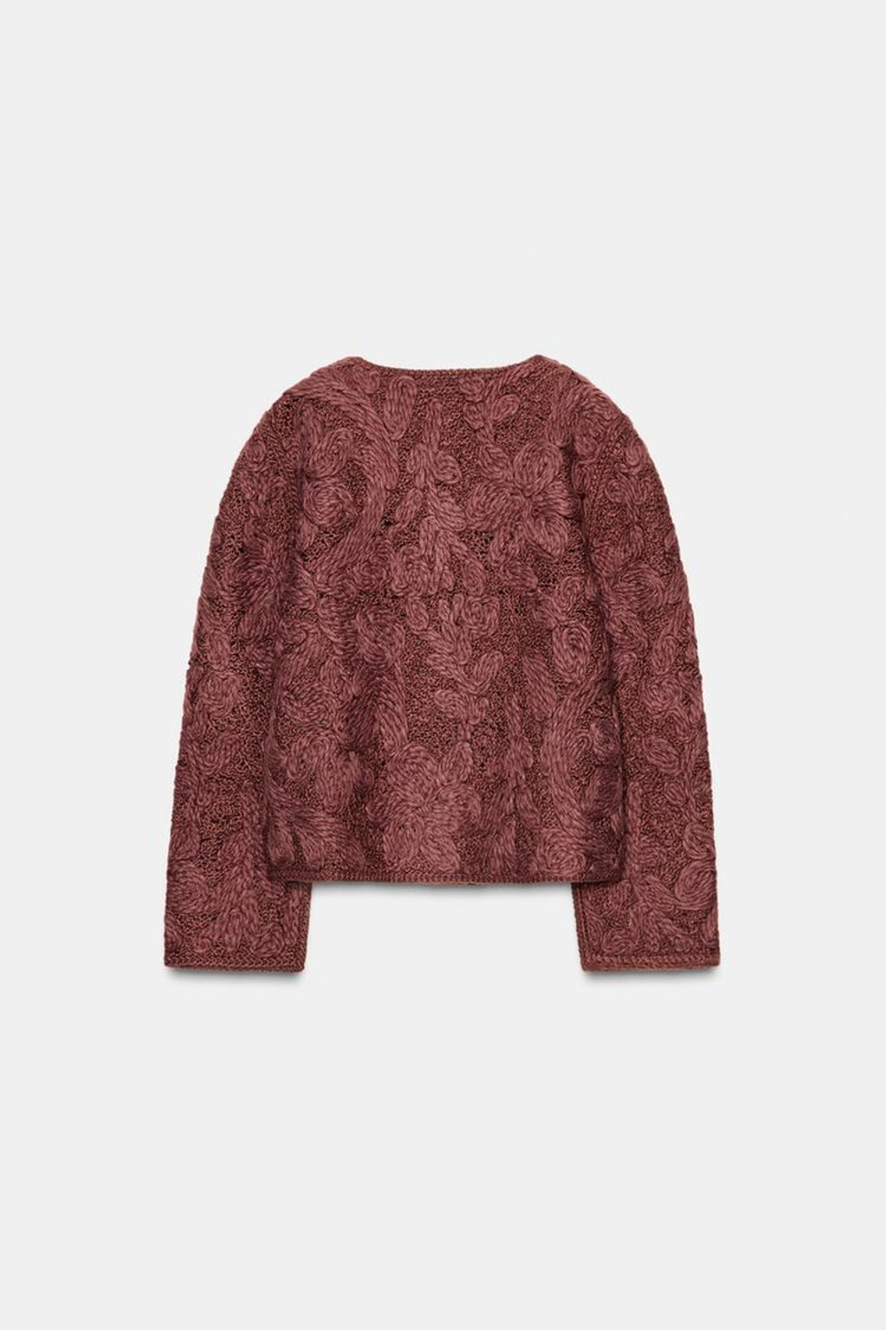 ZARA ЖАКЕТ ИЗ ШЕРСТИ С УЗОРОМ МАКРАМЕ, БАКЛАЖАННЫЙ