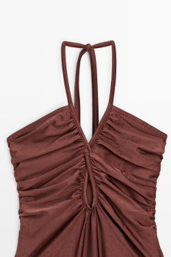 Massimo Dutti Купальник с горловиной халтер с блестками, коричневый