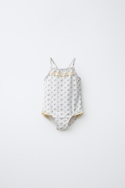ZARA КУПАЛЬНИК С ЦВЕТОЧНЫМ КРУЖЕВОМ, БЕЖЕВЫЙ