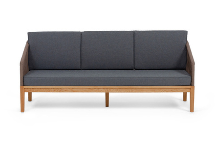 "Канны" диван 3-местный плетеный из роупа, основание дуб, роуп коричневый круглый, ткань темно-серая 027