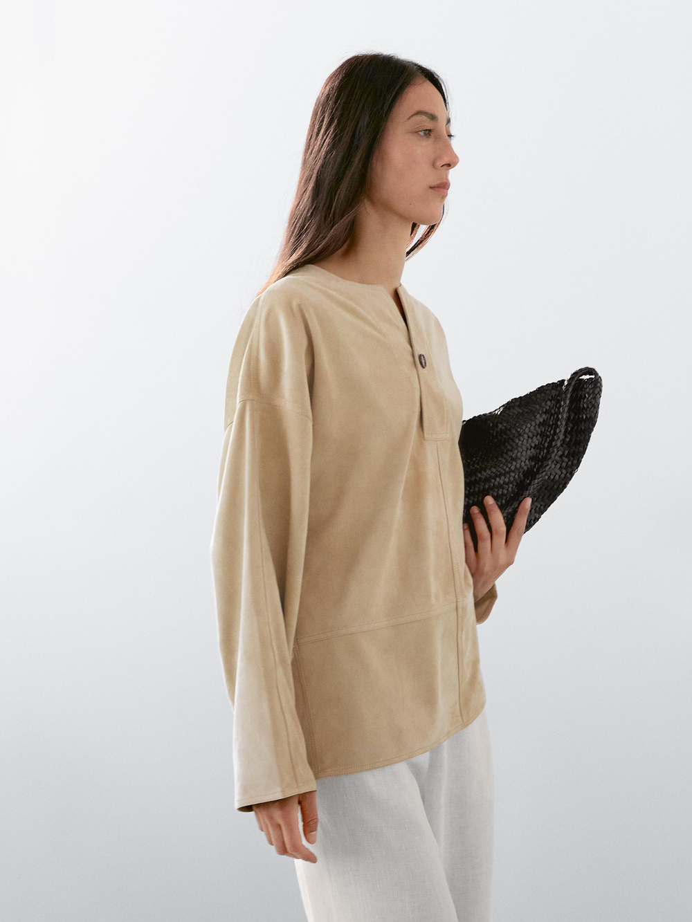 Massimo Dutti Блузка из плотной замши, каменно-серый