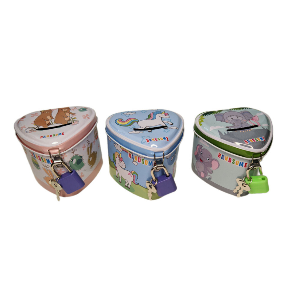 Копилка металл. "Сердечки" с замочком 7,5*6,5 см, ассорти дизайнов