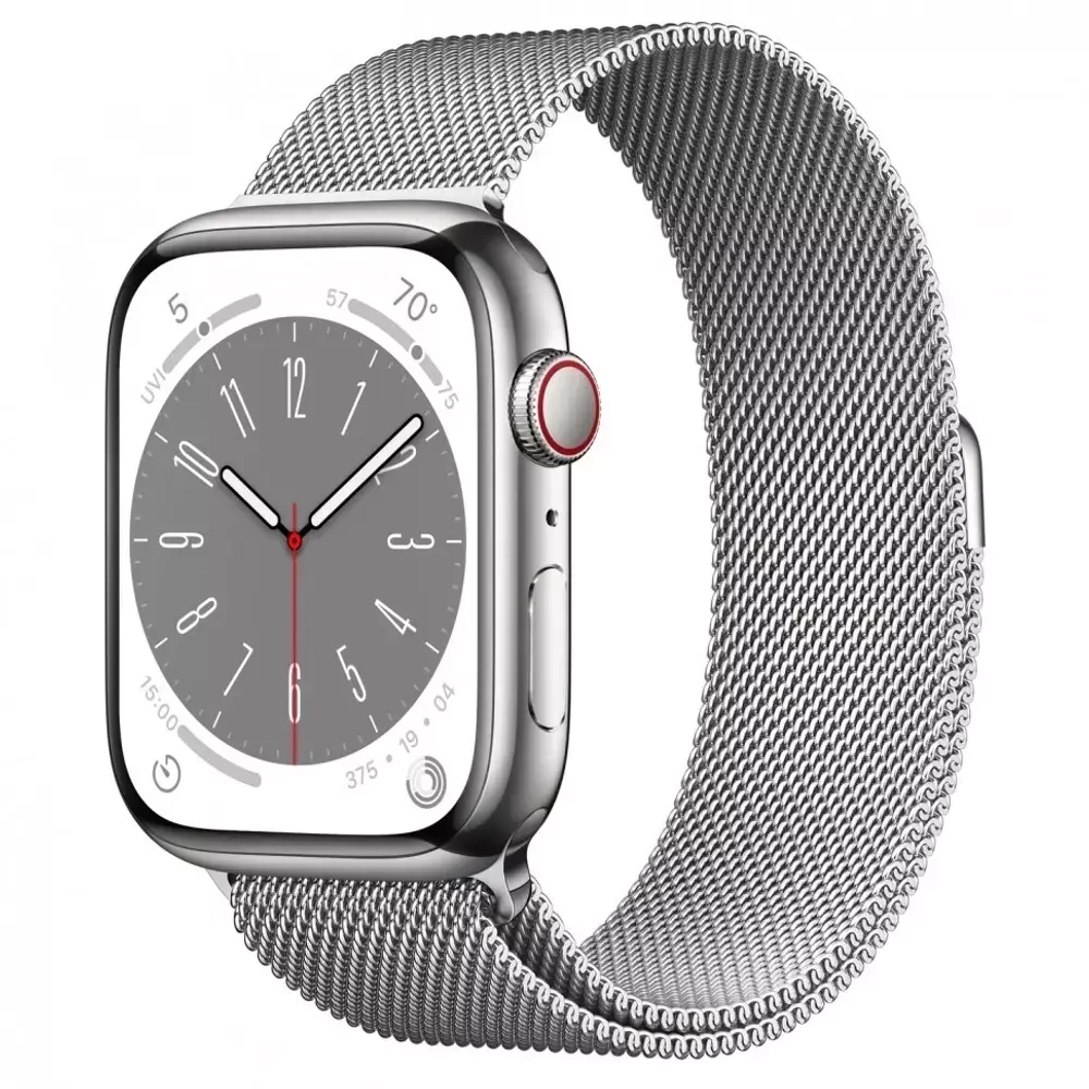 Apple Watch Series 8, 45мм, из стали серебристого цвета, миланский сетчатый браслет