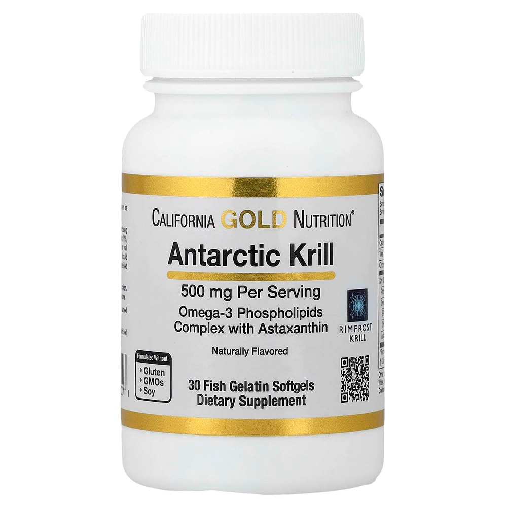 California Gold Nutrition, масло антарктического криля, комплекс фосфолипидов из омега-3 с ЭПК, ДГК и астаксантином, натуральный вкус клубники и лимона, 500 мг, 30 капсул из рыбьего желатина
